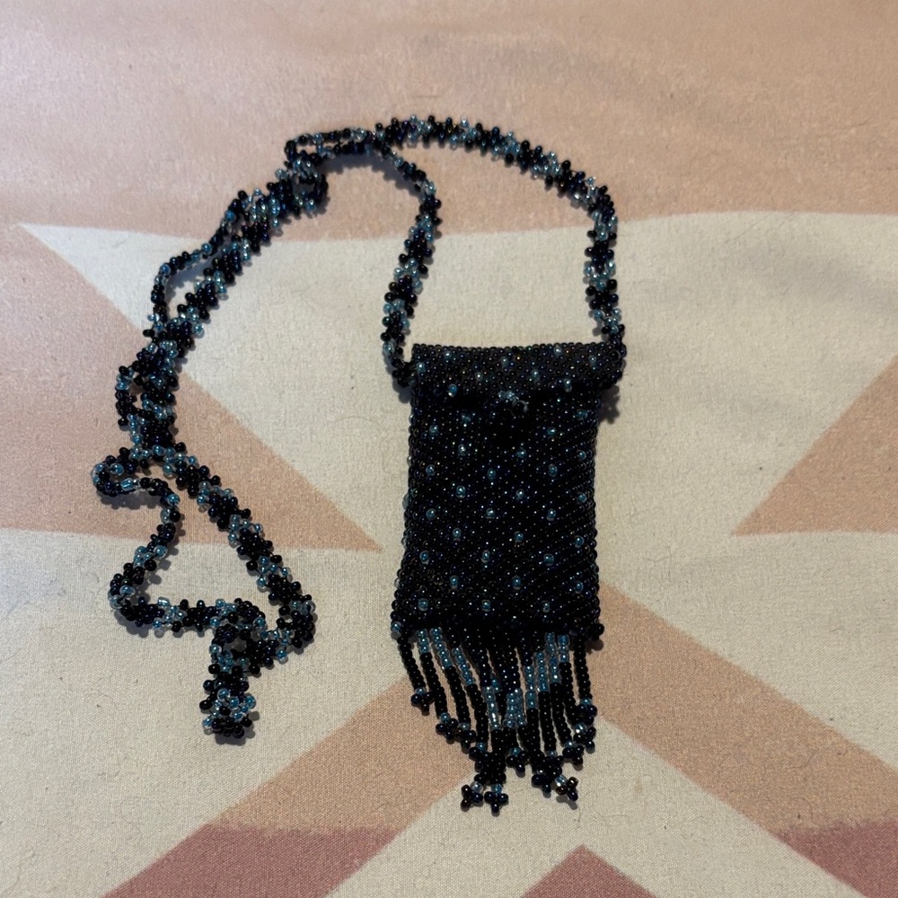 Beaded Black Medicine pouch Necklace with Fringe